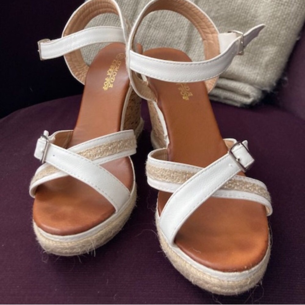 White and Tan Espadrille Wedges